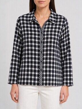 Habitat Black White Plaid Crinkle Button Front Shirt Lightweight Travel Top S